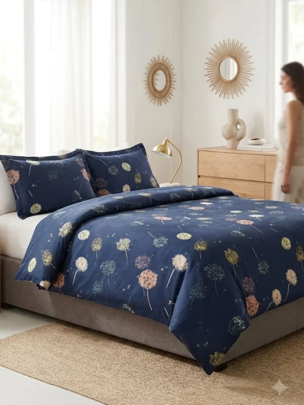 SouthShore Fine Linens King Duvet Cover Set Floral Dandelion Navy Blue 3 Pc